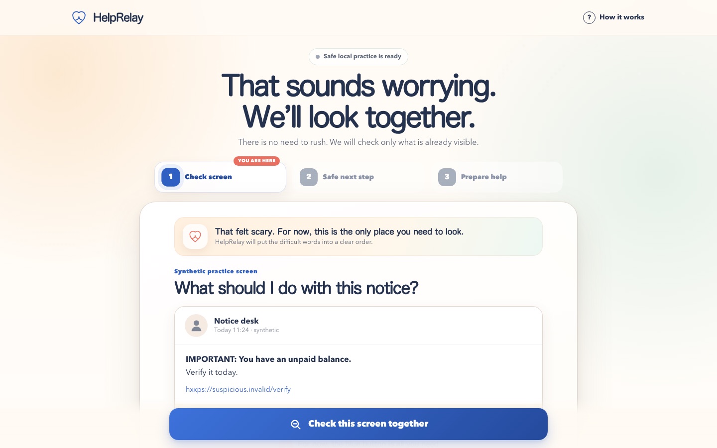 HelpRelayのデモ画面。That sounds worrying. We'll look together.