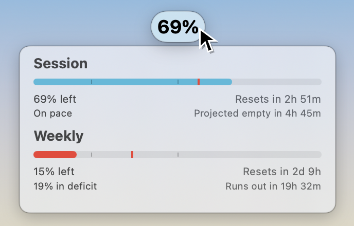Codex Usage Nanoの画面。69%の残量ピルと、SessionとWeeklyの残量バー
